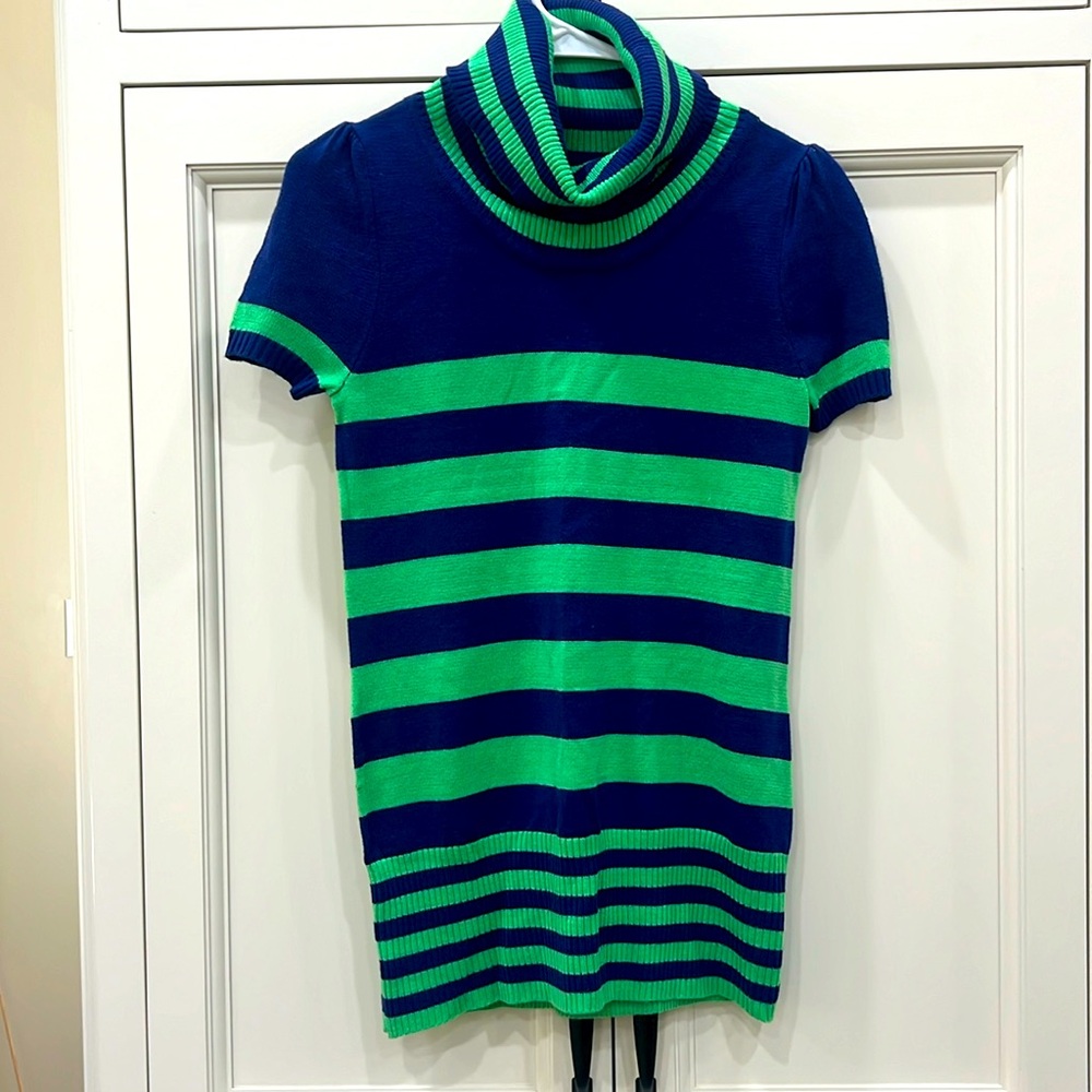 Takeout Girl's Cowl Neck Sweater - Size XL. (16). Blue and Green stripes. Y2K